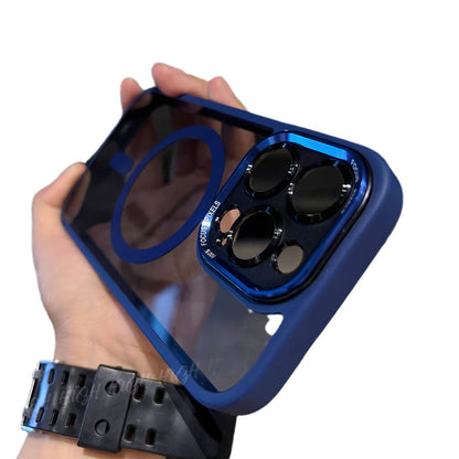 Funda magnética transparente con bordes de silicona para iPhone.